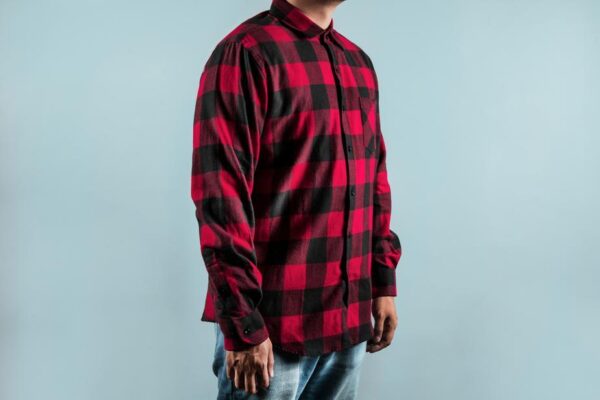 Man wearing chequered red and black shirt