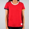 woman wearing red sports tee